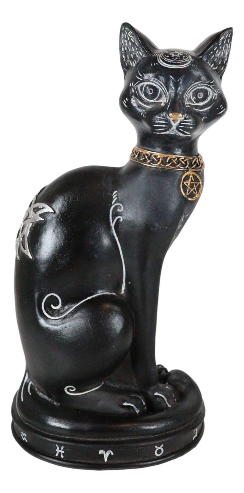 Wicca Halloween Black Cat with Pentagram Necklace and Alchemy Symbols Figurine
