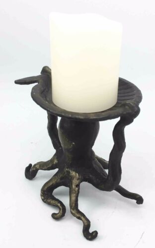 Nautical Ocean Reef Kraken Octopus With Sea Shell Pillar Candleholder Figurine - Ebros Gift