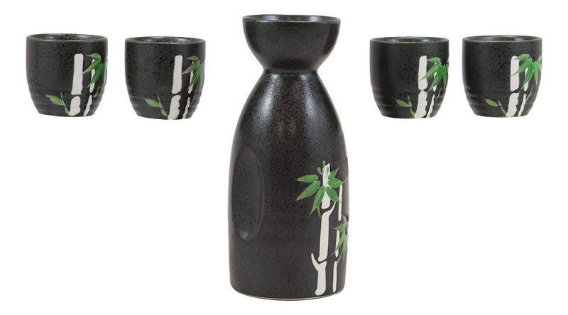 Ebros Gift Traditional Ceremony Porcelain Pottery Green Bamboo Silhouette Design Japanese Rice Wine Sake 5 Piece Set Of 1 Black Tokkuri Serving Flask 10oz With 4 Ochoko Cups 2oz