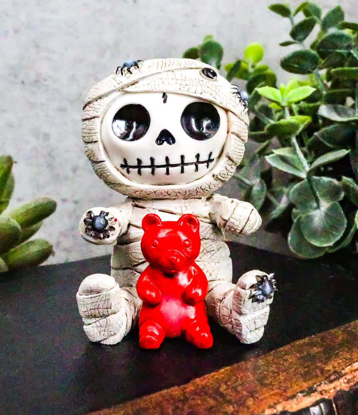 Ebros Furrybones Mummy Sarcophagus with Red Teddy Bear & Spiders Figurine 2.75"H - Ebros Gift