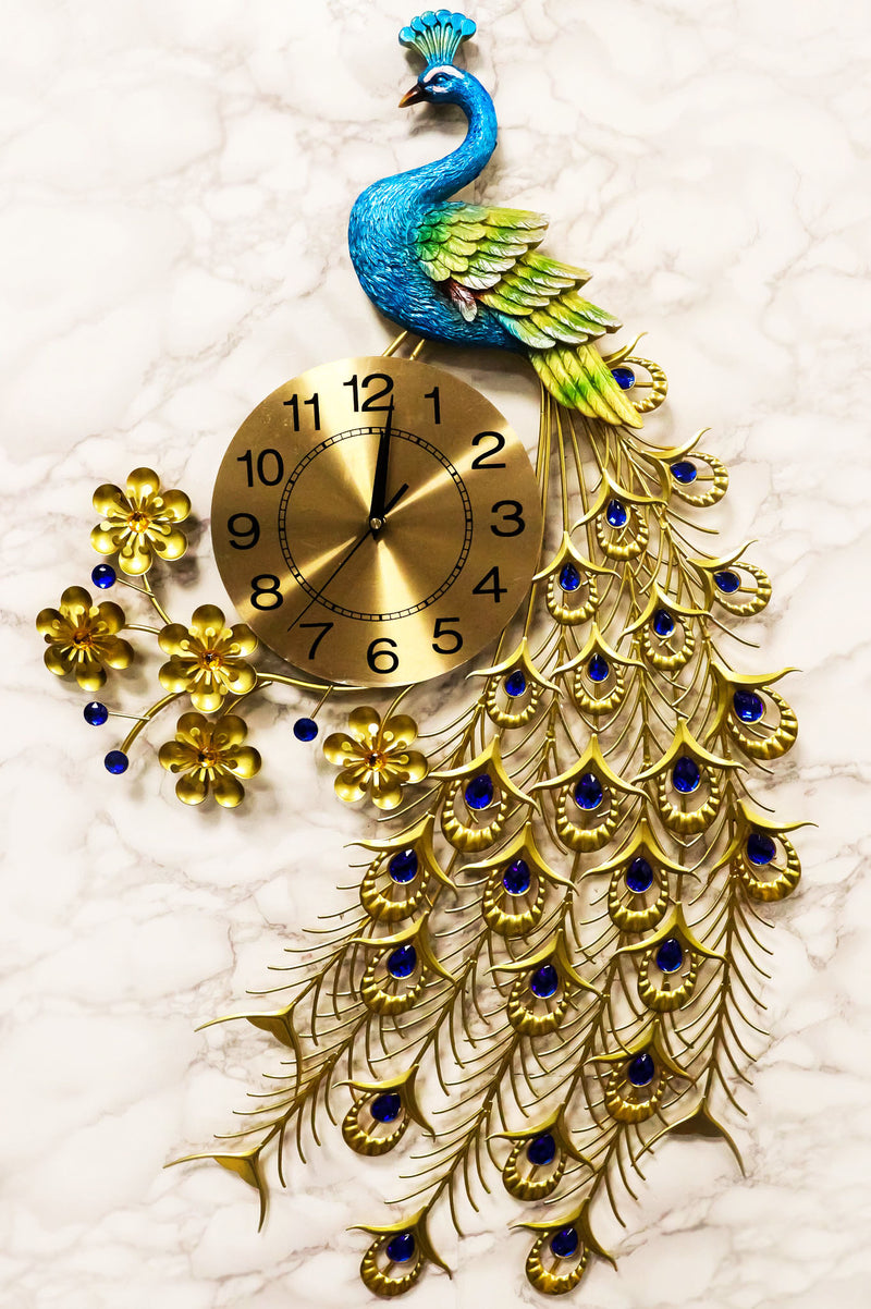 35"H Large Peacock Bird Iris Train Colorful Gold Plated Metal Analog Wall Clock