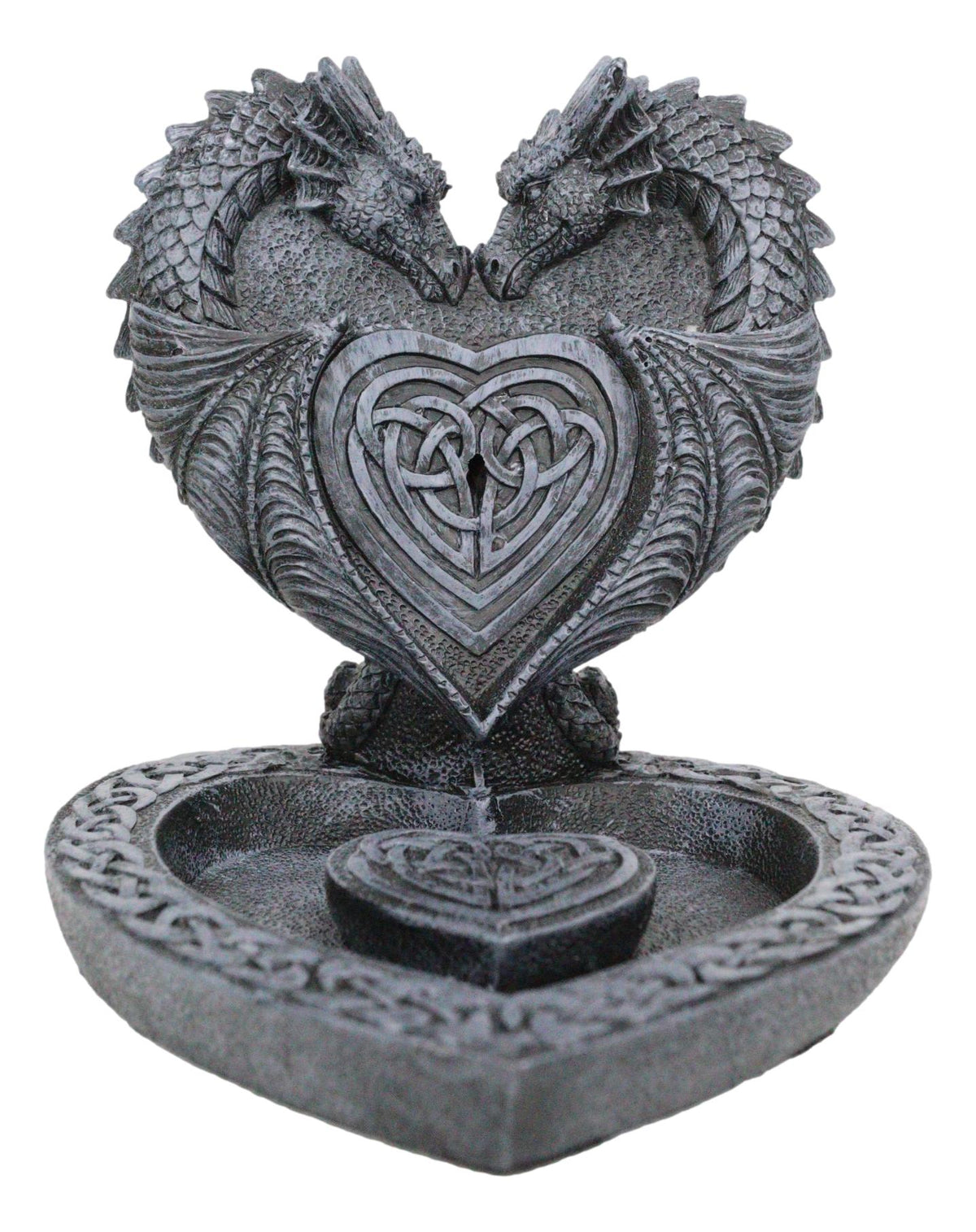 Romantic Double Dragon Heart With Celtic Knotwork Backflow Cone Incense Holder