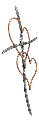 Ebros Metal Silver Rope Wire Sticks and 2 Golden Hearts of Love Wall Hanging Cross Decor Plaque Vintage Art Sculpture 19.75" Tall Catholic Christian Accent Decorative Crosses