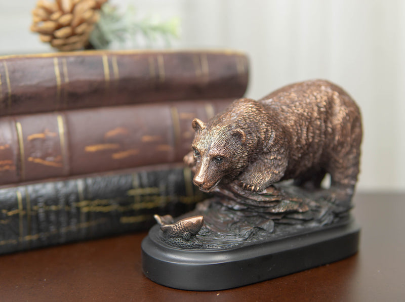 Woodlands Grizzly Bear By River Rock Catching Fish Bronze Electroplated Figurine