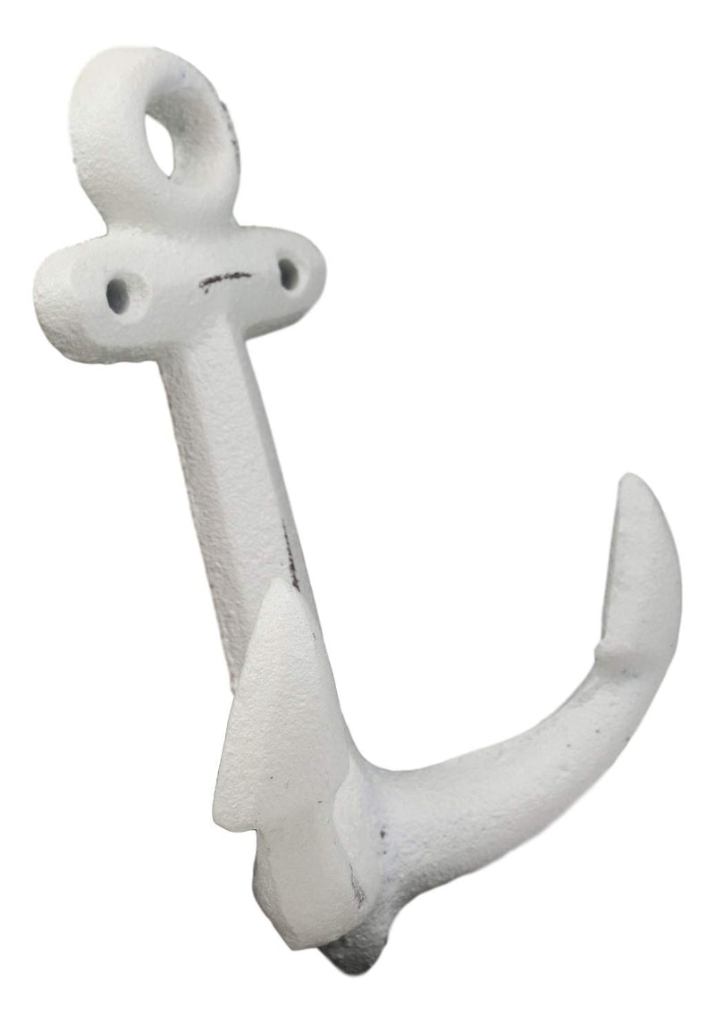 Ebros Gift 5.75" Tall Cast Iron Rustic Vintage Sailor White Nautical Ocean Sea Ship Anchor 2 Pegs Wall Hook Coastal Harbor Ships Anchors Decorative Accent Hooks for Keys Leashes Hats Coats (4)