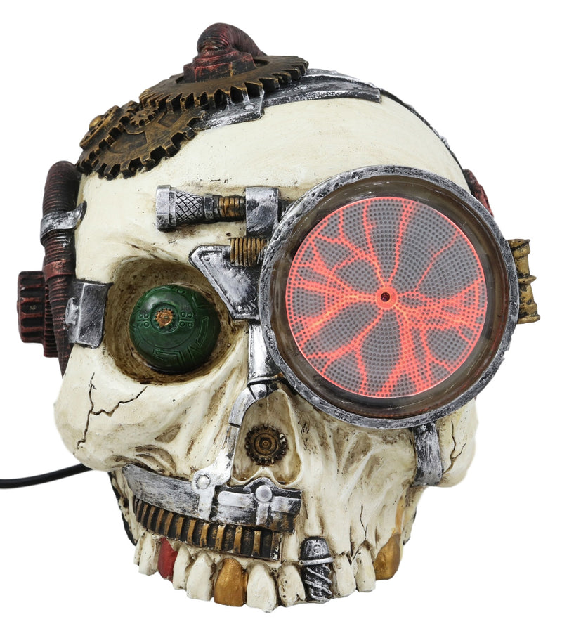 Ebros Gift Steampunk Detective Skull with Electric Plasma Core Reactor Laser Static Storm Eye Skeleton Gearwork Cranium Decorative Accent Night Party Lamp Figurine 7" Long Halloween Home Decor Statue