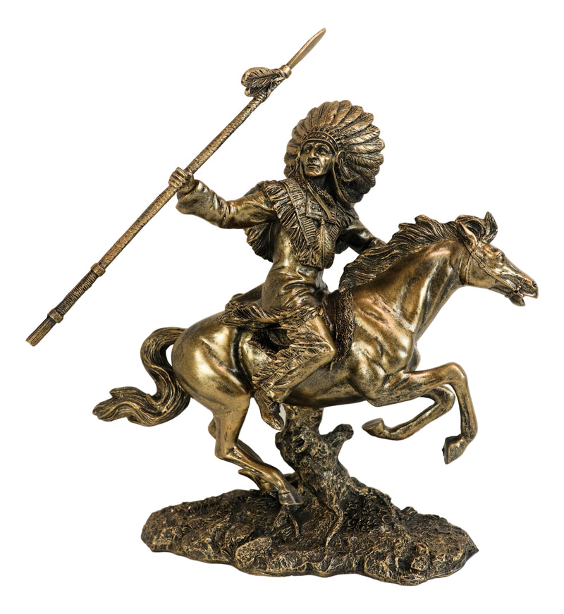 Ebros Indian Warrior With Trailer War Bonnet Headdress On Horse Throwing Spear Statue
