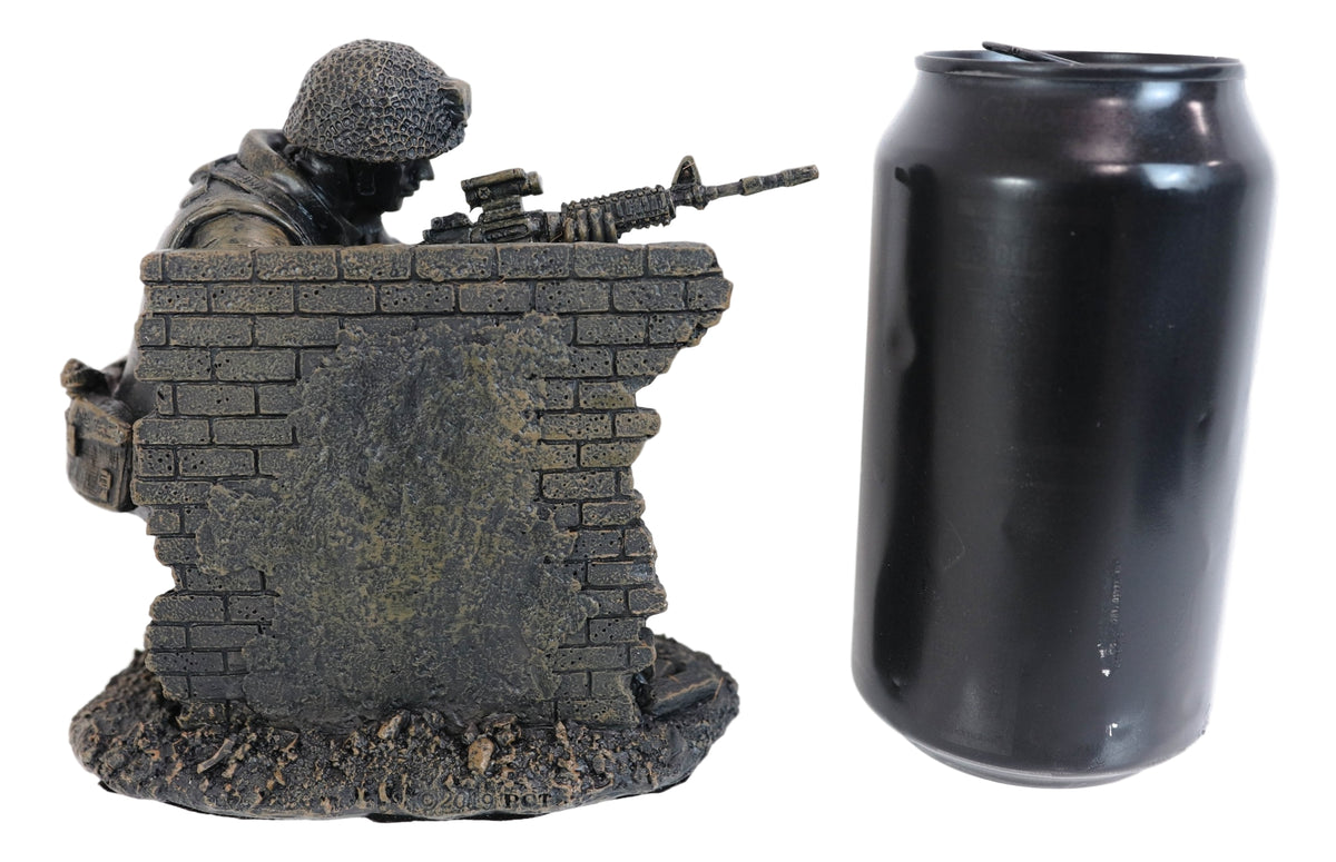 War Battlefield Kneeling Soldier Taking Cover With Rifle Gun And Gears Statue