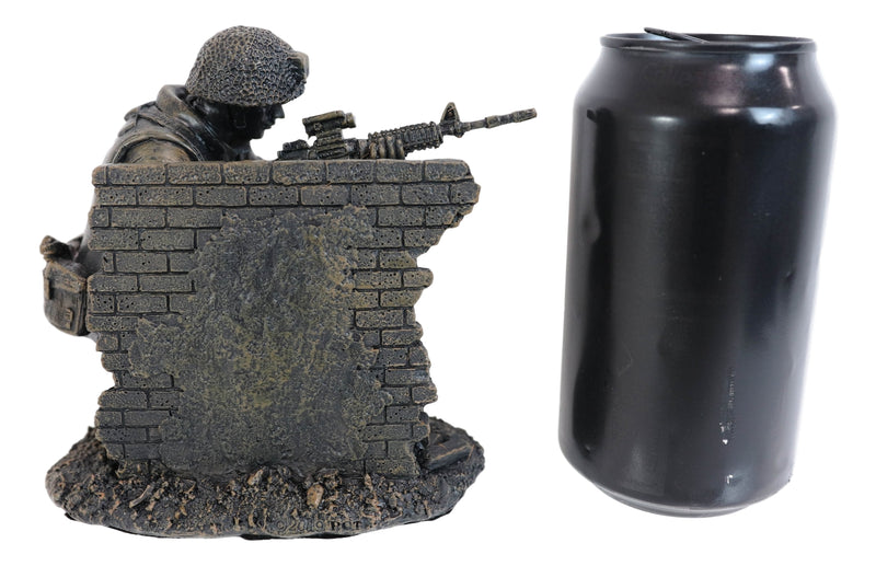 War Battlefield Kneeling Soldier Taking Cover With Rifle Gun And Gears Statue