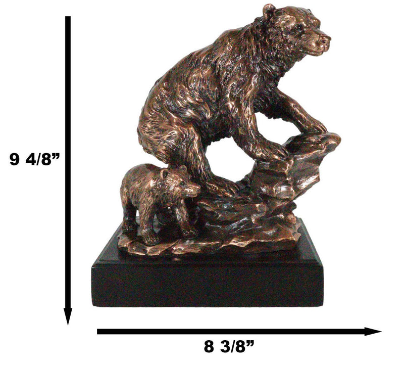Black Bear Mother With Cub Climbing Rock Bronze Electroplated Resin Statue 9"H