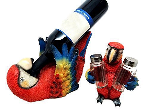 Red Scarlet Macaw Parrot Wine Bottle And Salt Pepper Shakers Holder Figurine Set