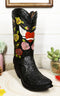 Western Black Cowboy Boot With Vine Roses And Angel Winged Heart Vase Sculpture