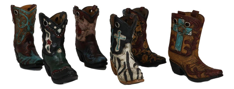 Rustic Western Crosses Tooled Leather Finish Mini Cowboy Boots Figurine Set Of 6