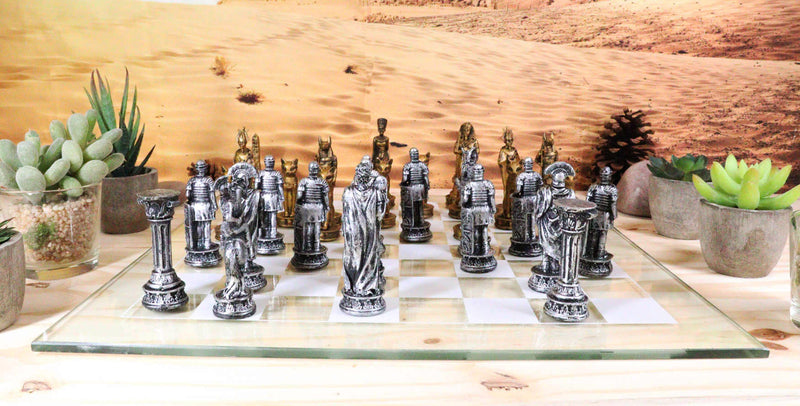 Ebros Kingdoms at War Egyptian VS Roman Army Resin Chess Pieces With Glass Board Set