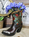 Western Cowboy Cowgirl Floral Red Roses Tooled Leather Boot Pen Holder Figurine