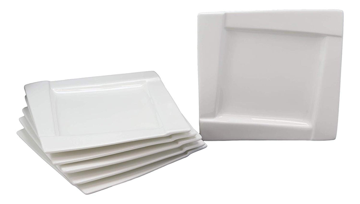 Ebros Pack Of 6 Kitchen Dining Modern Contemporary Design White Porcelain Square Plates Rhombus Well (7" Bread Appetizer Salad Dessert Side Plate Style)
