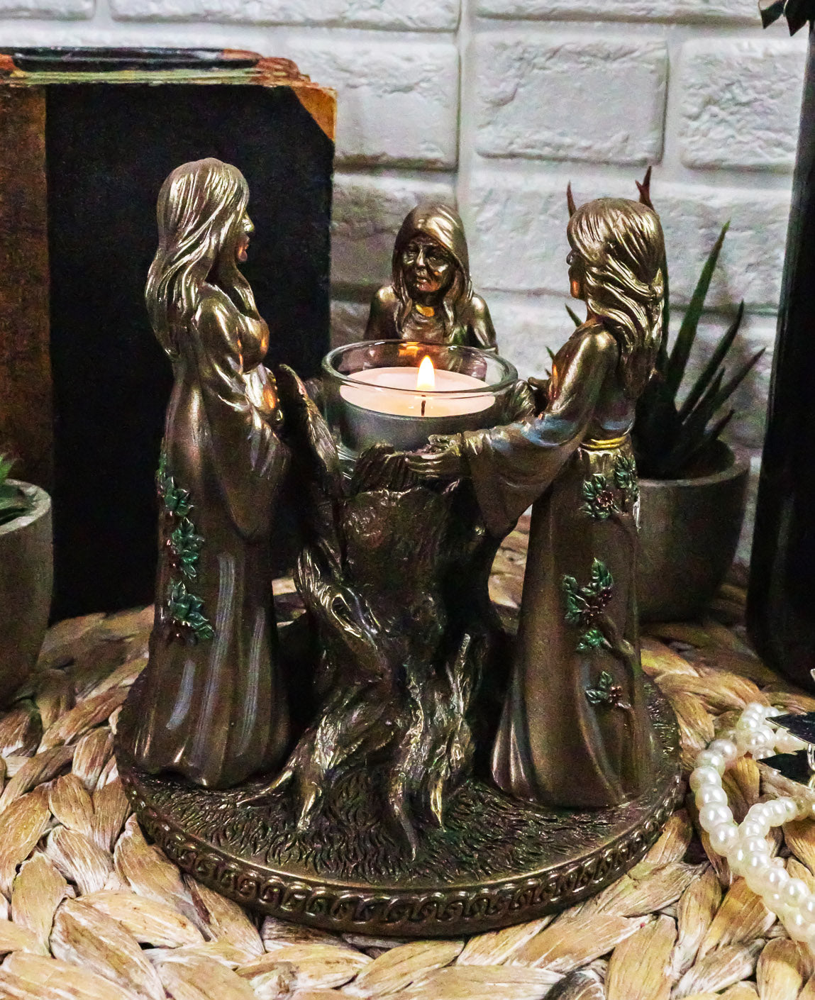 Ebros Occultic Wiccan Triple Goddess Maiden Mother Crone Votive Candle Holder Figurine