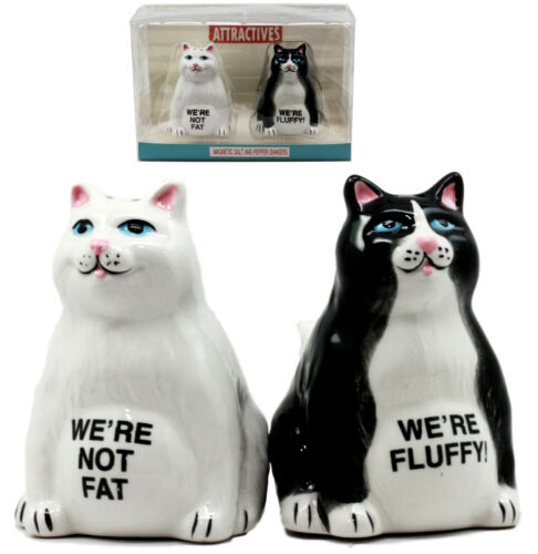 Ebros Black And White Cute Fluffy Cats Salt & Pepper Shakers Magnetic Set 3.25"H - Ebros Gift