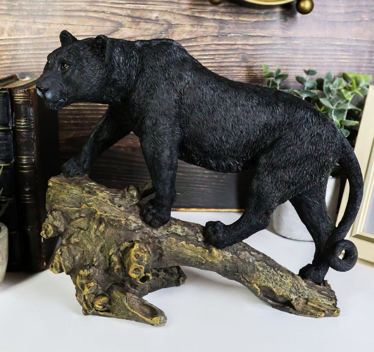 Ghost Hunter Black Panther Cougar On Weathered Tree Log Statue Jaguar Decor