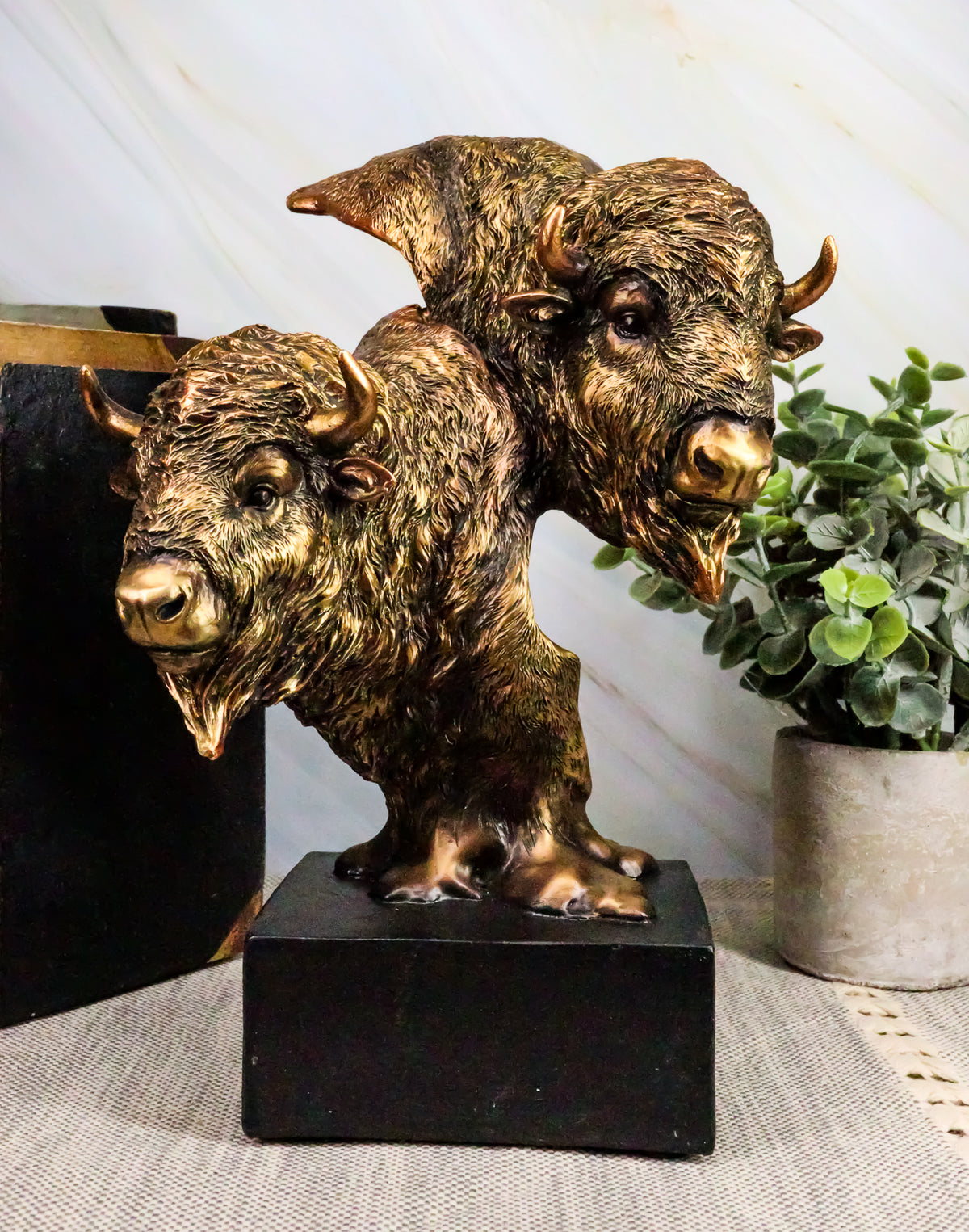 Ebros Gift 9" Tall Wild Bison and Calf Head Bust Figurine with Black Pedestal