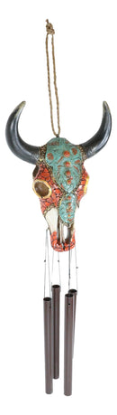 Set Of 2 Southwest Boho Chic Turquoise Ember Floral Scroll Cow Skull Wind Chimes