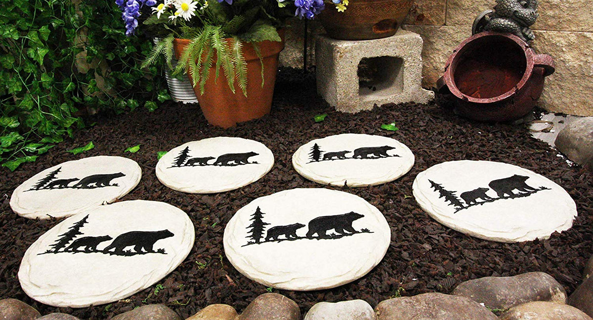 Ebros Gift Rustic Wildlife Pine Tree Forest Trail Black Bear Mother and Cub Faux Stone Resin Garden Stepping Stones 9" Diameter Decorative Cabin Lodge Mountain Gardening Accent Decor (6)