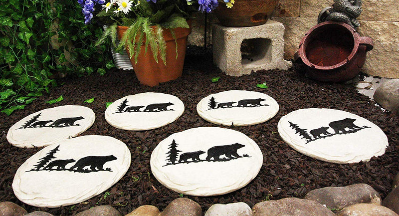 Ebros Gift Rustic Wildlife Pine Tree Forest Trail Black Bear Mother and Cub Faux Stone Resin Garden Stepping Stones 9" Diameter Decorative Cabin Lodge Mountain Gardening Accent Decor (6)