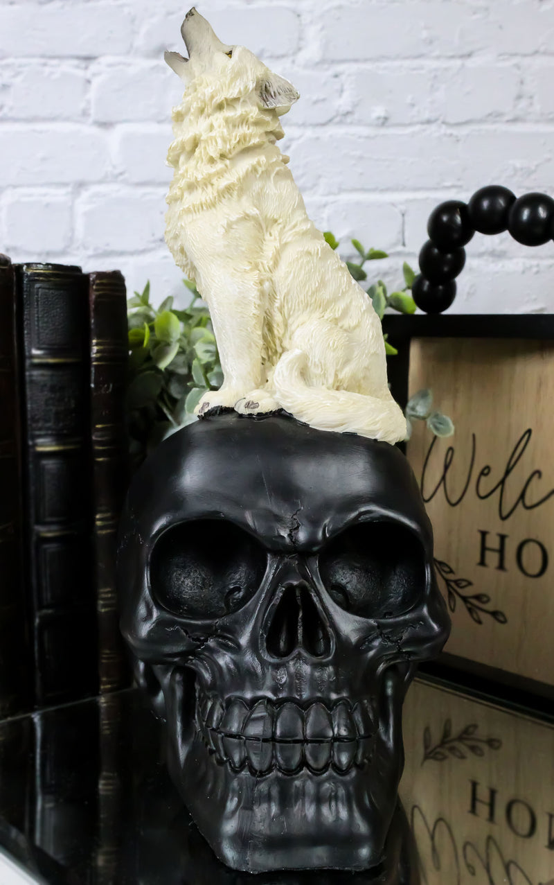 Gothic Full Moon Howling White Wolf Sitting On Black Macabre Skull Figurine