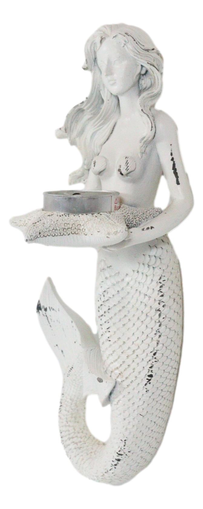 Rustic White Stone Finish Nautical Ocean Mermaid With Shell Candle Wall Sconce