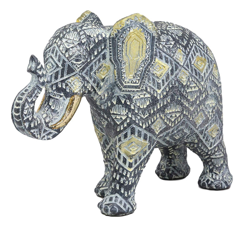 Ebros Feng Shui Silver and Gold Patterned Elephant with Trunk Up Statue 10.5" Long Vastu 3D Zen Elephants Figurine Symbol of Wisdom Fortune Success and Protection - Ebros Gift