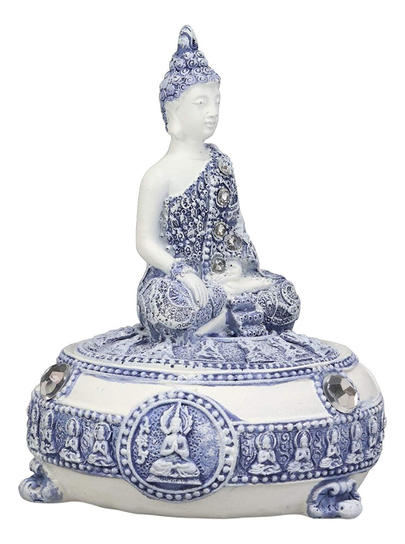 Ebros Gift Bhumisparsha Mudra Buddha Amitabha Meditating Terracotta Blue and White Round Jewelry Box Figurine 5.25" Diameter Buddhist Eastern Enlightenment Trinket Box Accessory Feng Shui Decor
