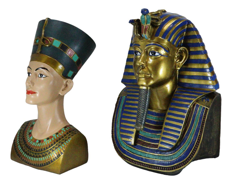 Large Egyptian Pharaoh King Tut And Queen Nefertiti Bust Statue Set Of 2 Decor