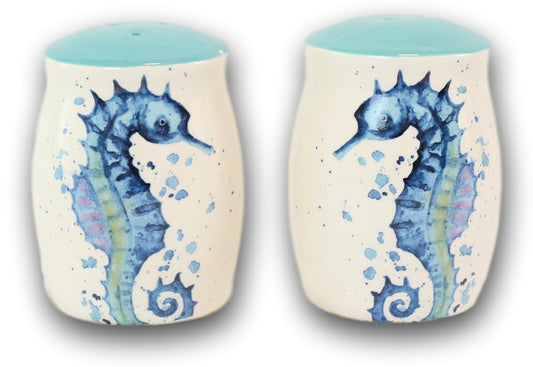 Nautical Blue White Seahorse With Bubbles Ceramic Salt And Pepper Shakers Set