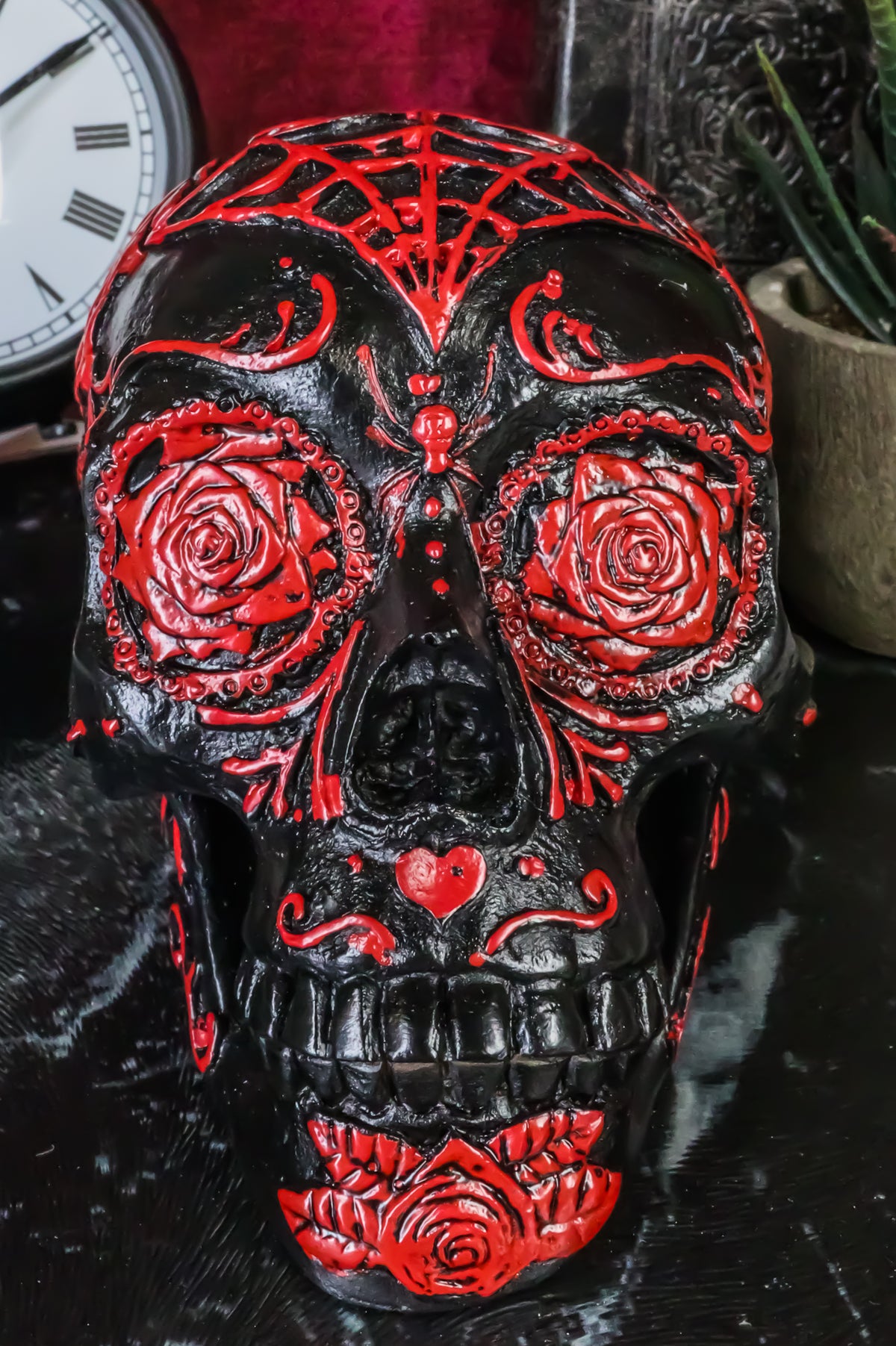 Ebros Day of The Dead Spider Web Floral Red Rose Sugar Skull Figurine
