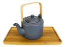 Matte Black Modern Ceramic 28oz Tea Pot With 4 Cups And Bamboo Serving Tray Set