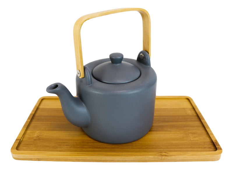 Matte Black Modern Ceramic 28oz Tea Pot With 4 Cups And Bamboo Serving Tray Set