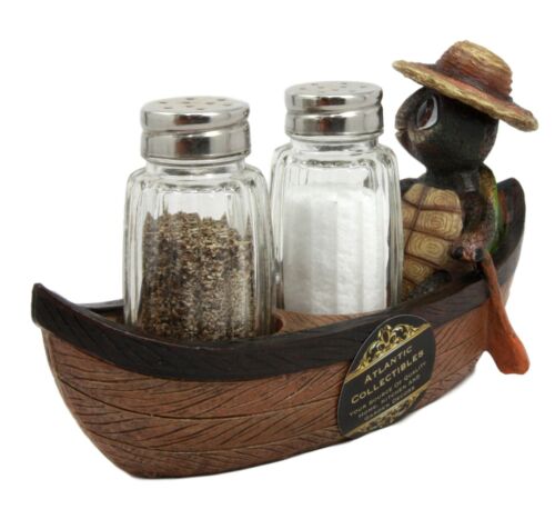 Ebros Outdoor River Camper Turtle Rowing Boat Salt Pepper Shakers Holder 7"L
