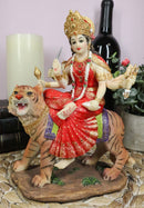 Hindu Goddess Durga Wearing Red Sari Riding On Tiger Figurine 8.5" Tall Statue