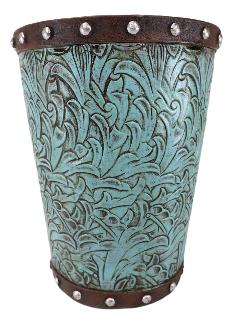 Rustic Western Turquoise Floral Scroll Faux Leather Dry Waste Basket Trash Bin