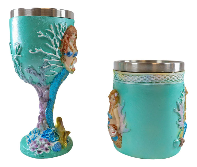 Ebros Nautical Turquoise Ocean Coral Reef Mermaid W/ Pearl Mug & Wine Goblet Set