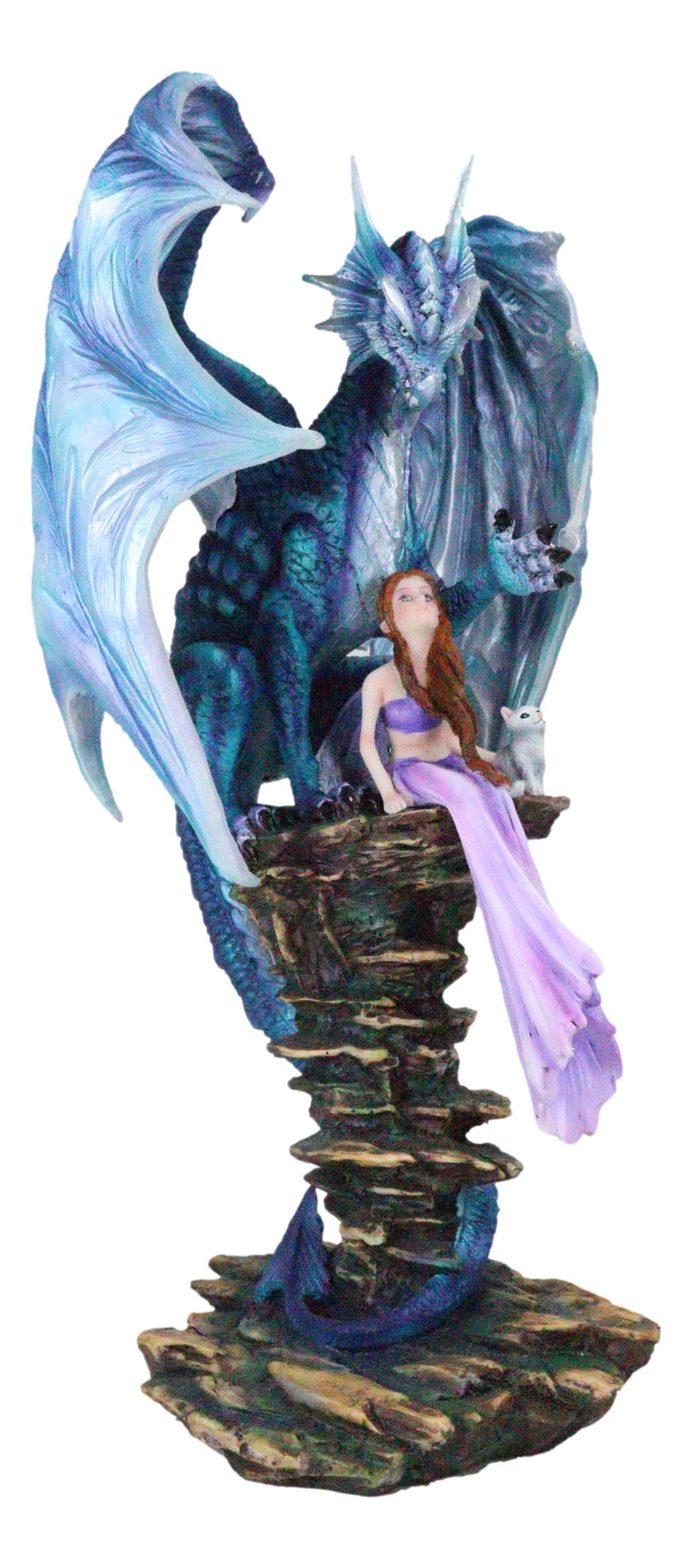 Giant Leviathan Blue Dragon Protecting A Young Princess Fairy With Kitten Statue