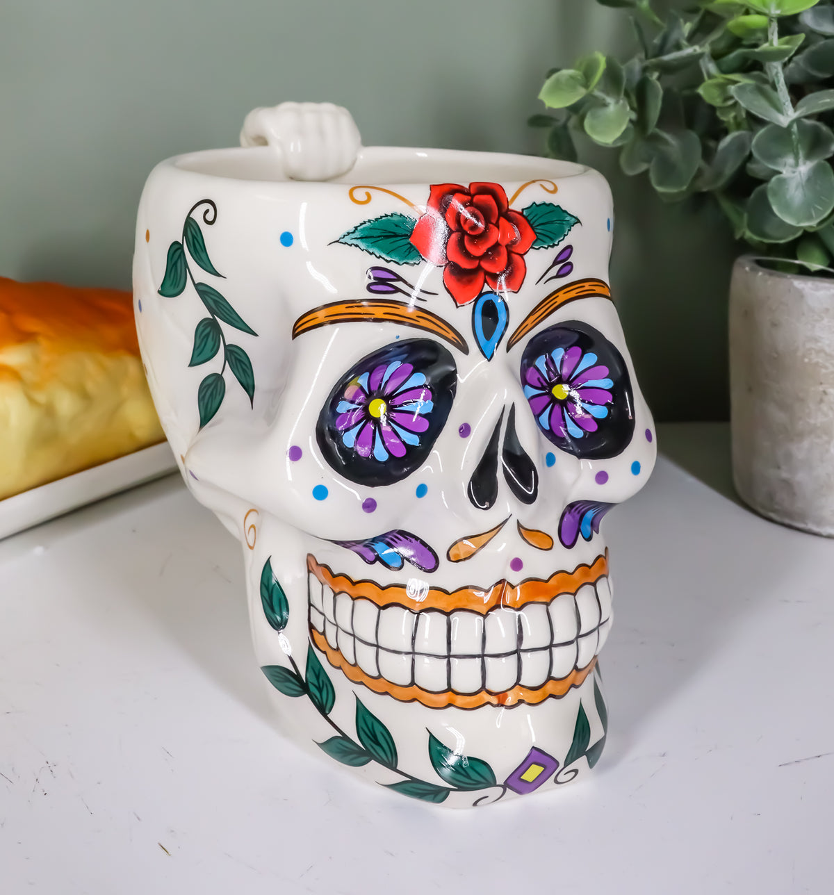 Ebros Gift White Tribal Day of The Dead Red Rose Sugar Skull Drink Coffee Mug Cup Ceramic 6.25"H - Ebros Gift