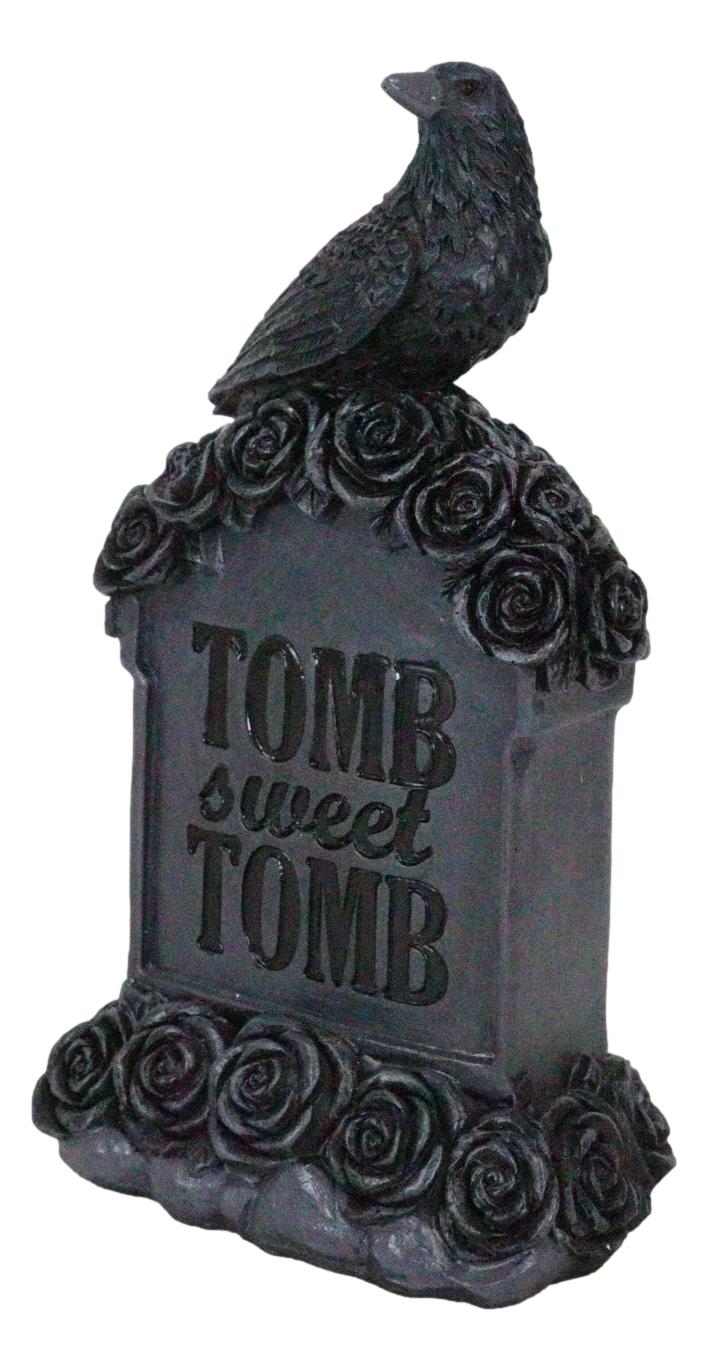 Gothic Raven Crow Perching On Black Roses Graveyard Tomb Headstone Figurine