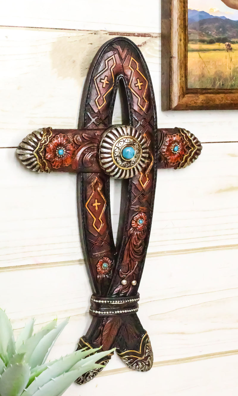 Rustic Western Turquoise Gem Concho Tooled Leather Belt Ichthys Fish Wall Cross