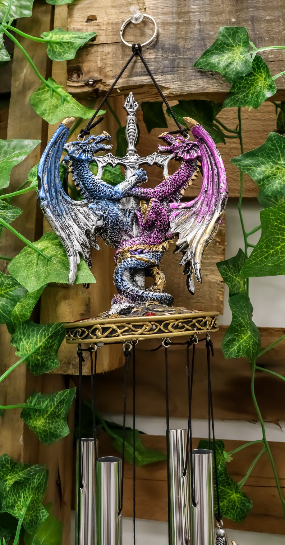 Yin Yang Day and Night Twin Dragons Excalibur Sword Wind Chime Home Patio Decor - Ebros Gift