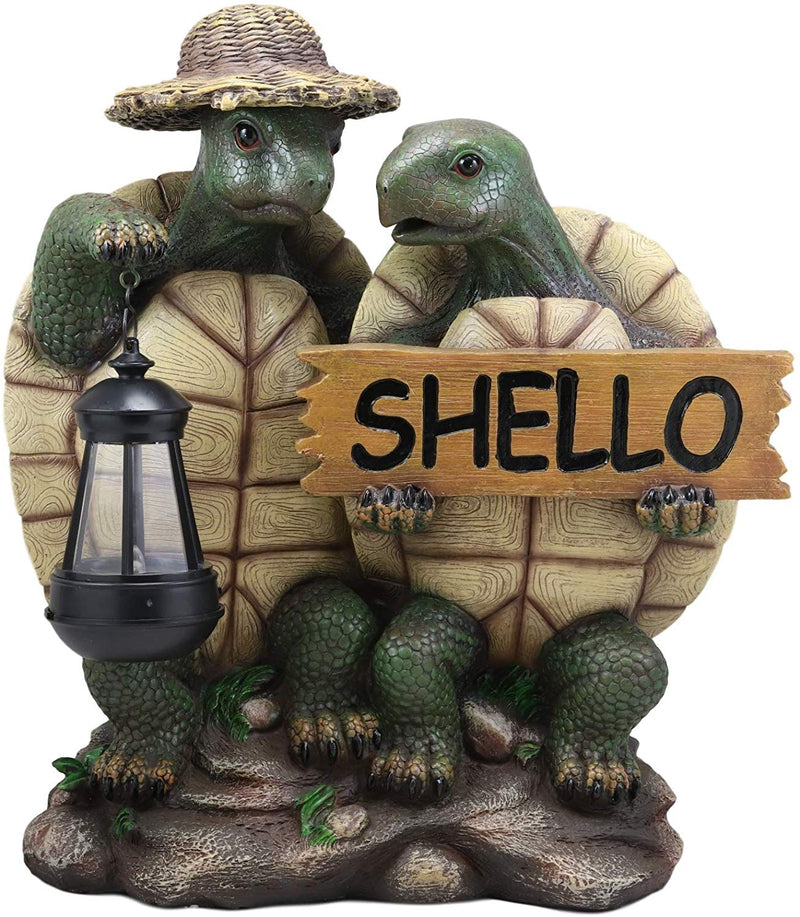 Ebros Tortoise Lovers Solar LED Lantern Light SHELLO Greeting Sign Statue 15"H