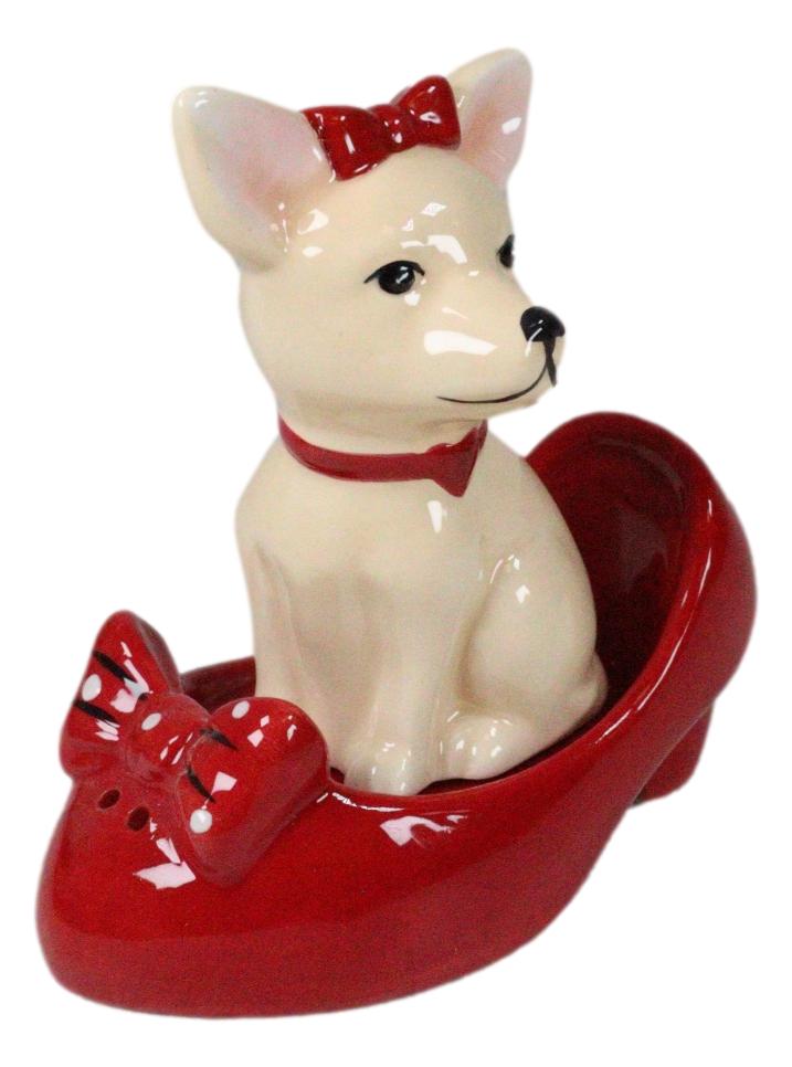 Red Ribbon Chihuahua In Red Pump Heel Shoe Salt And Pepper Shakers Ceramic Set