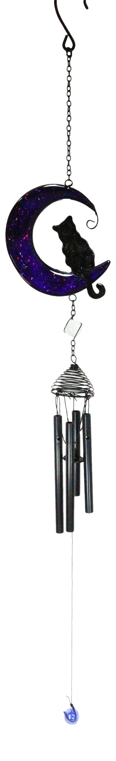 Witchcraft Black Cat On Purple Crescent Moon Stained Glass Wind Chime Suncatcher