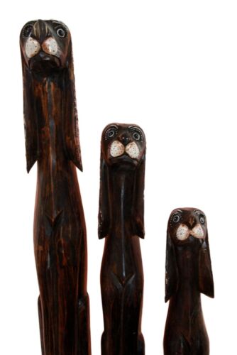 Balinese Wood Handicraft 3 Feet Large Silvered Ears Canine Hound Dog Set Statue