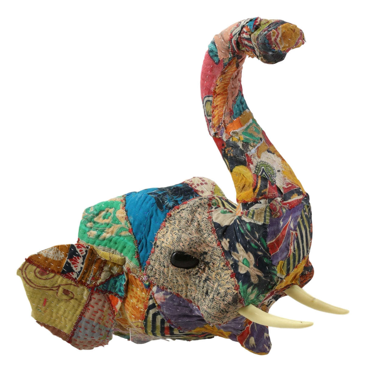 Elephant with Trunk Up Hand Crafted Paper Mache In Sari Fabric Wall Head Decor